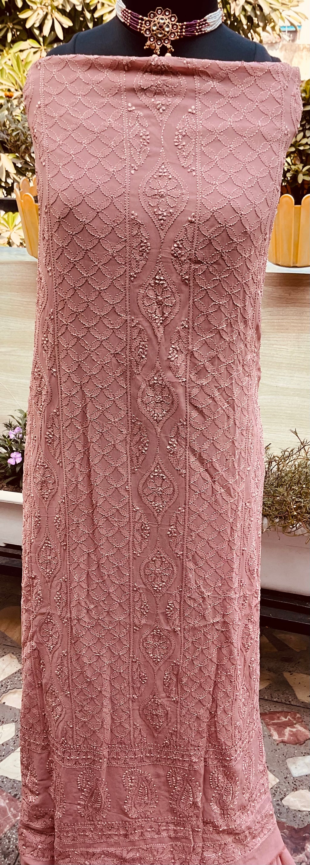 Viscose Georgette Unstitched Suit Set with tone-on-tone Chikankari