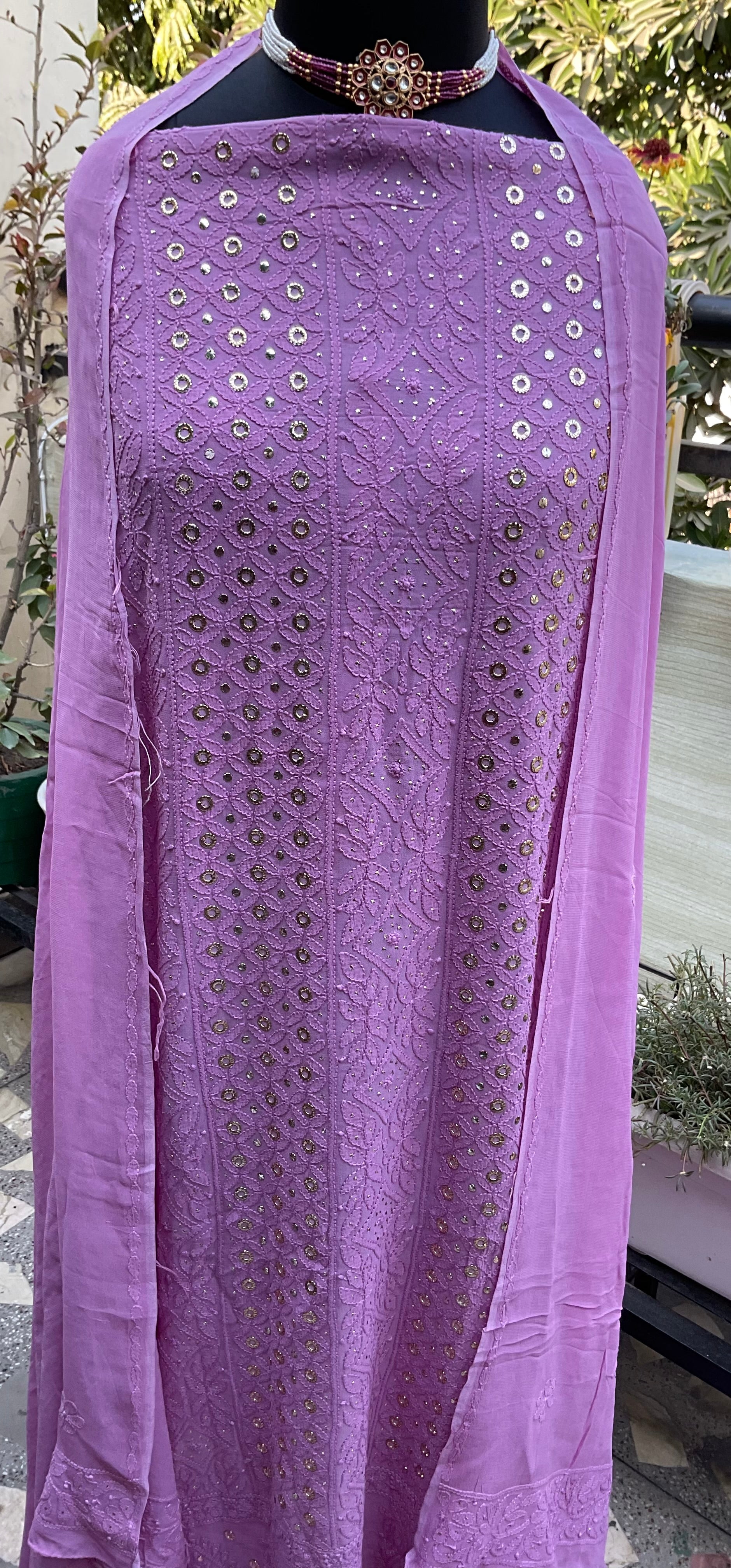 Viscose georgette unstitched suit set with tone-on-tone Chikankari