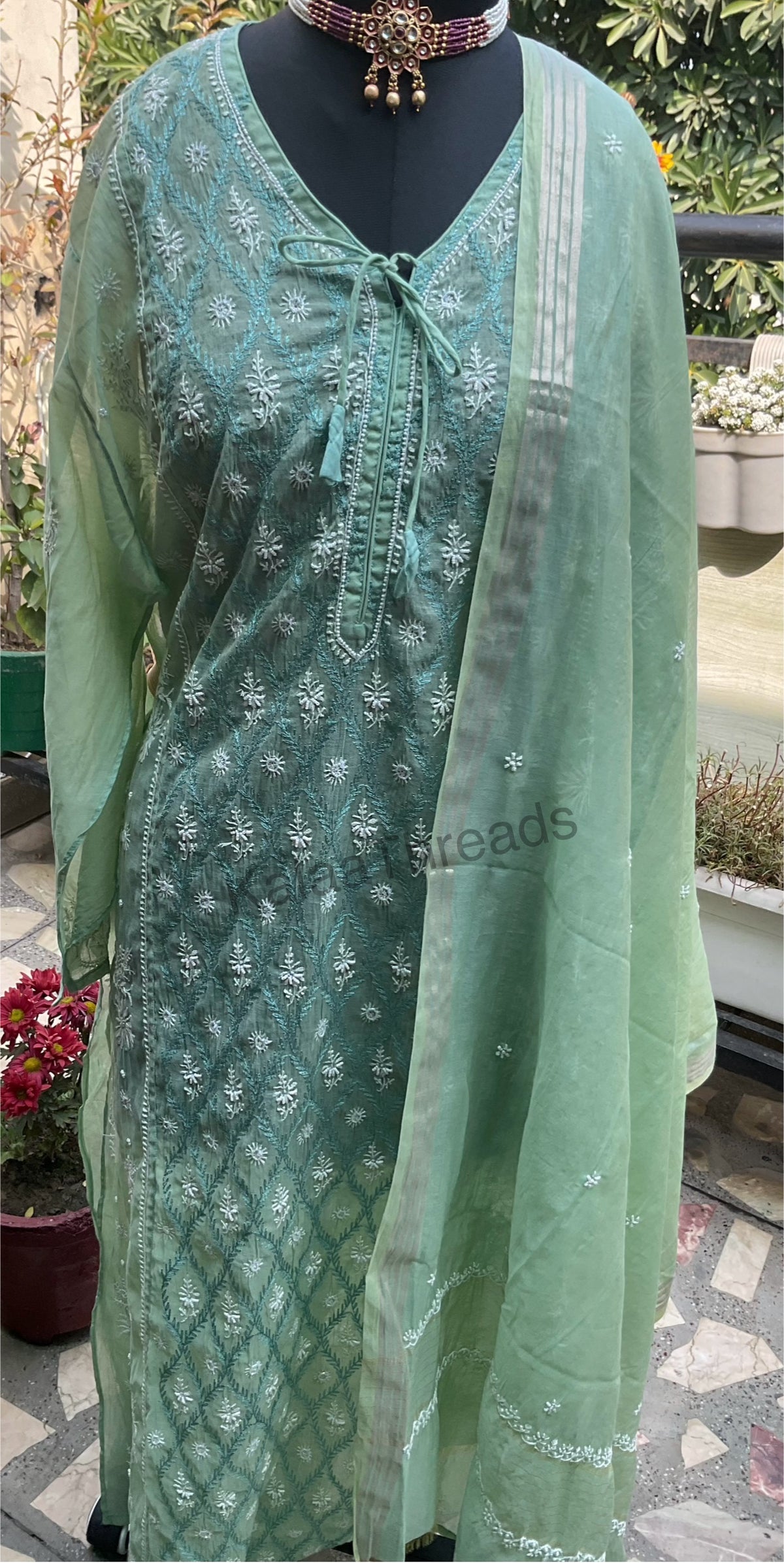 Mul Chanderi Semistitched Kurta and dupatta with fine Chikankari