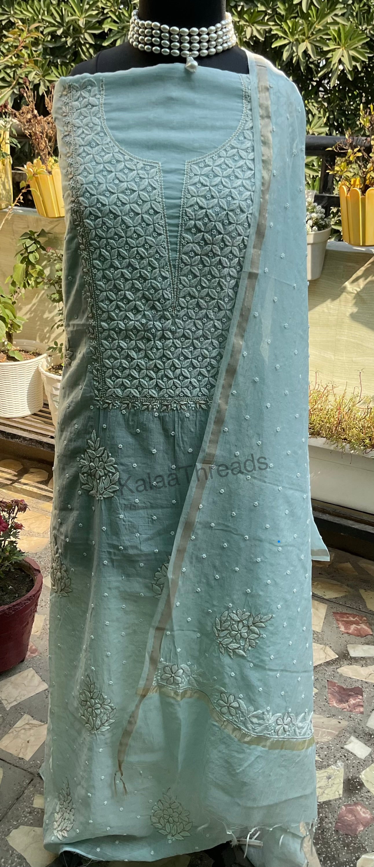 Mul Chanderi unstitched Suit Set with Chikankari and add-ons