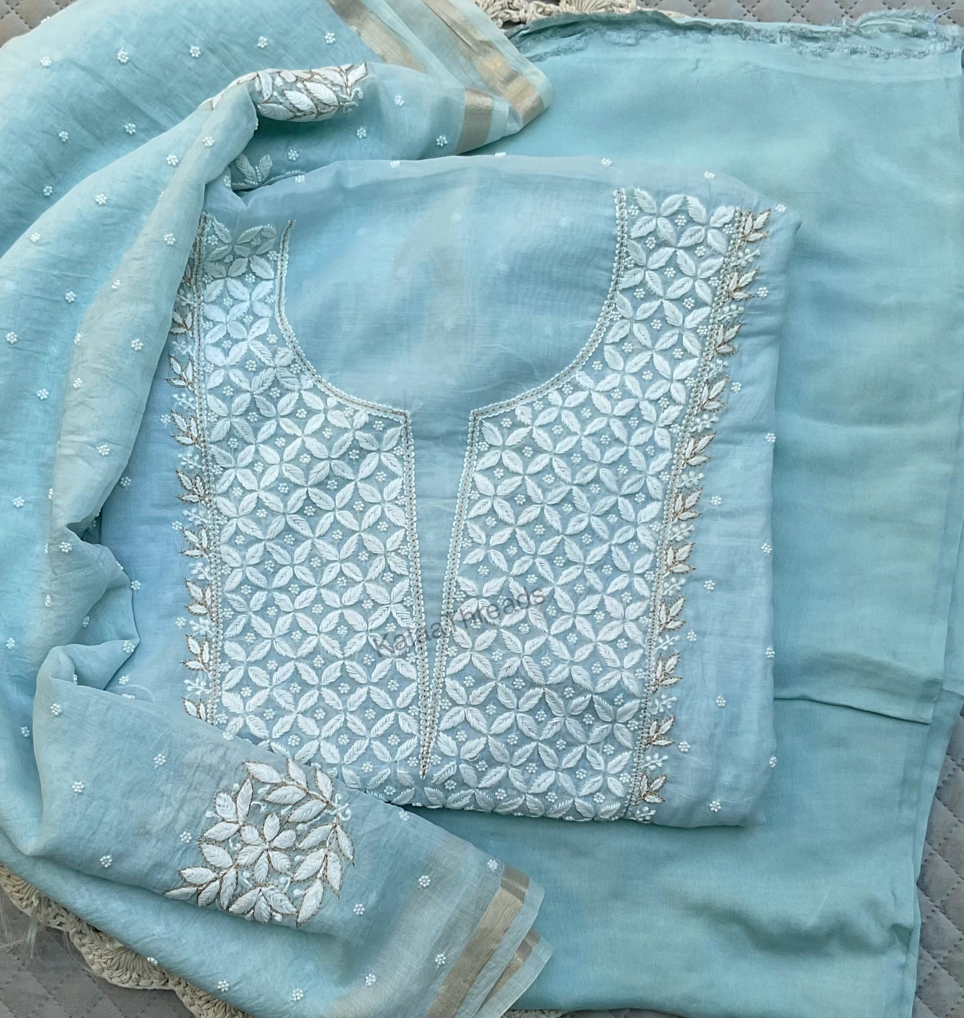 Mul Chanderi unstitched Suit Set with Chikankari and add-ons
