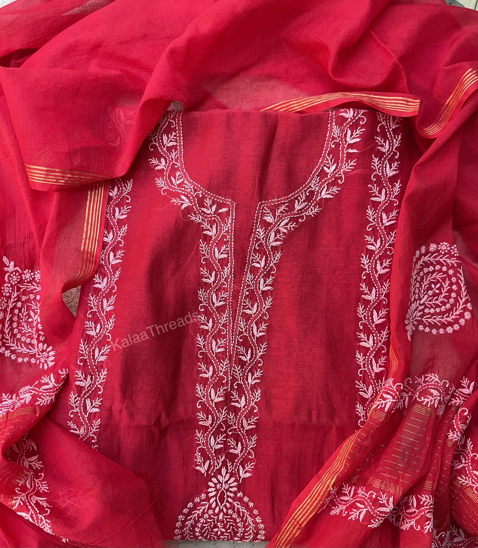 Mul Chanderi unstitched suit set with Chikankari in white color