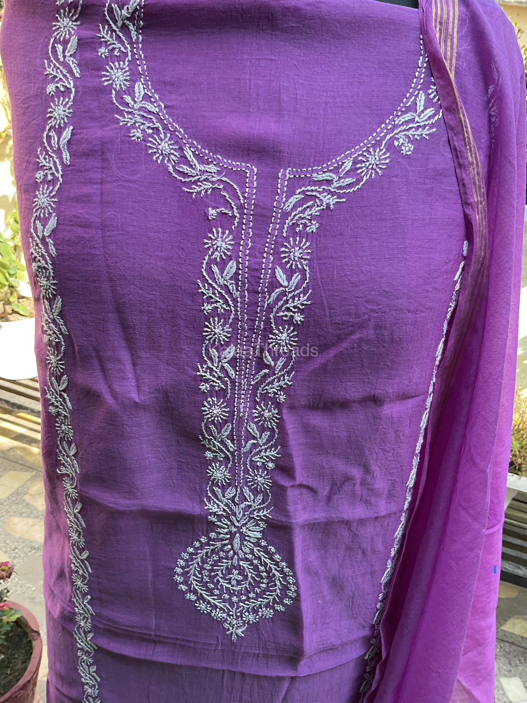 Mul Chanderi unstitched suit set with Chikankari