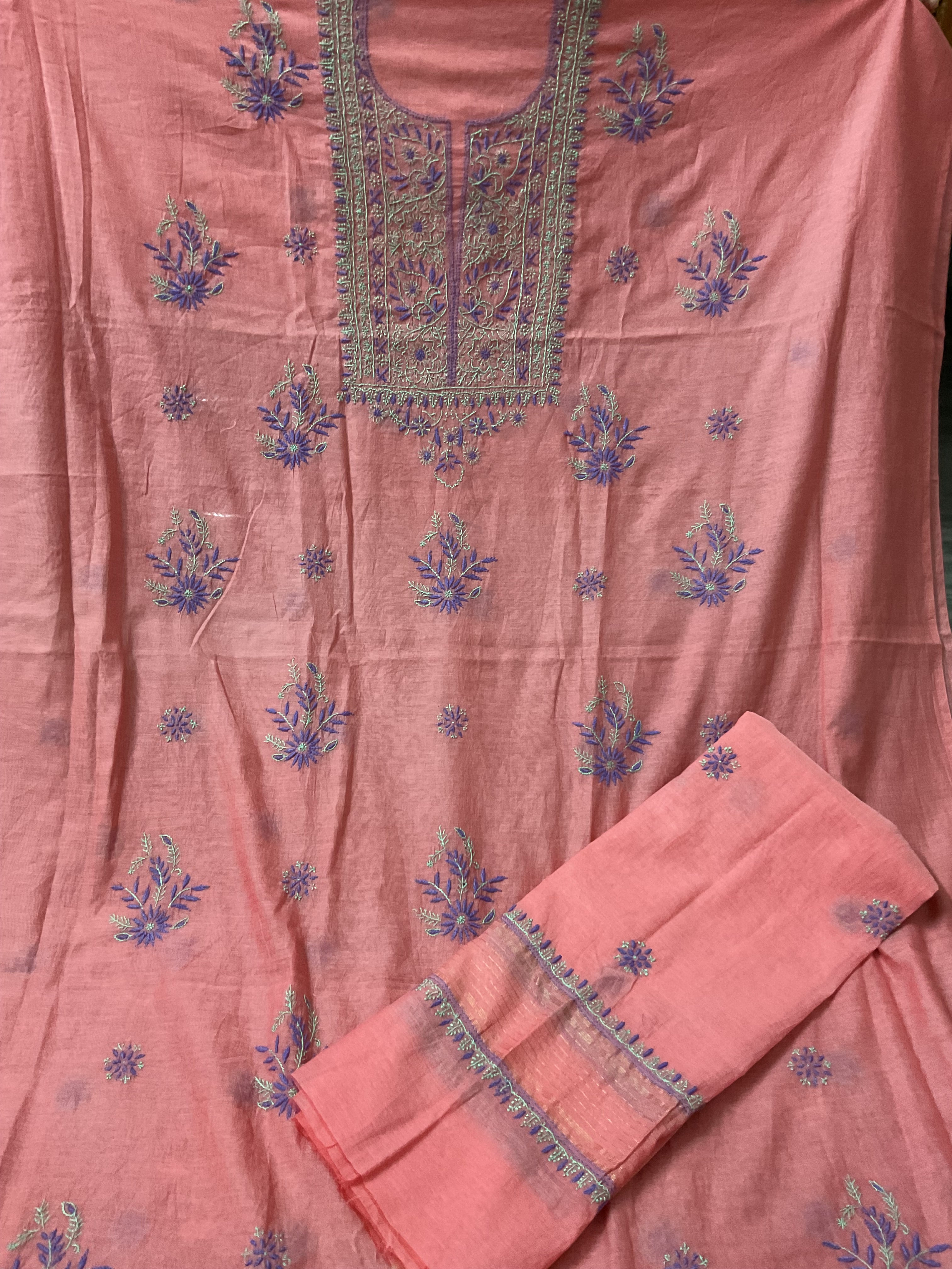 Chanderi unstitched kurta and dupatta with coloured thread Chikankari