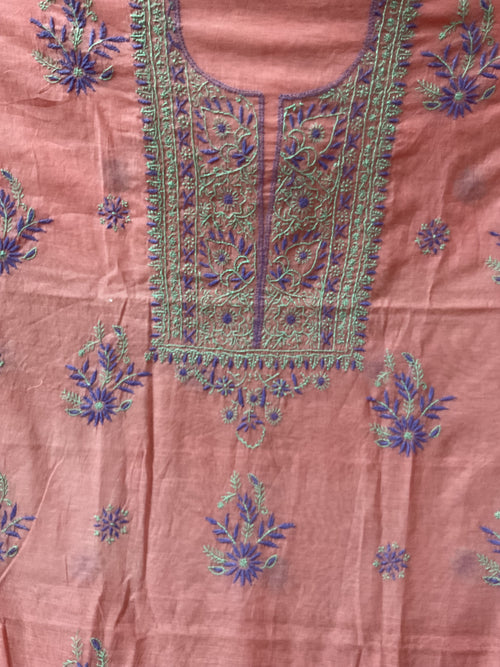 Chanderi unstitched kurta and dupatta with coloured thread Chikankari