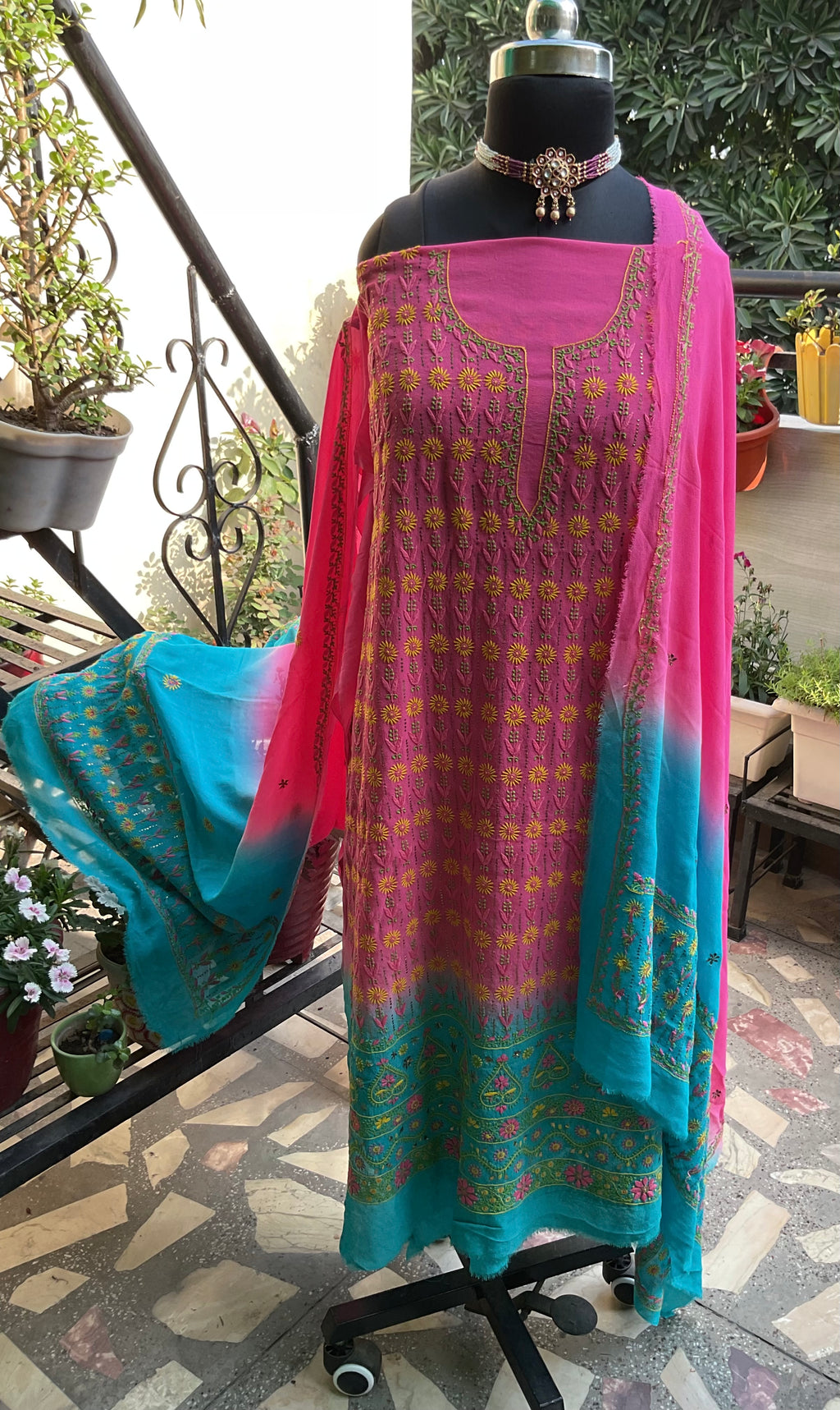 Pure Georgette Unstitched Kurta and dupatta with coloured thread Chikankari