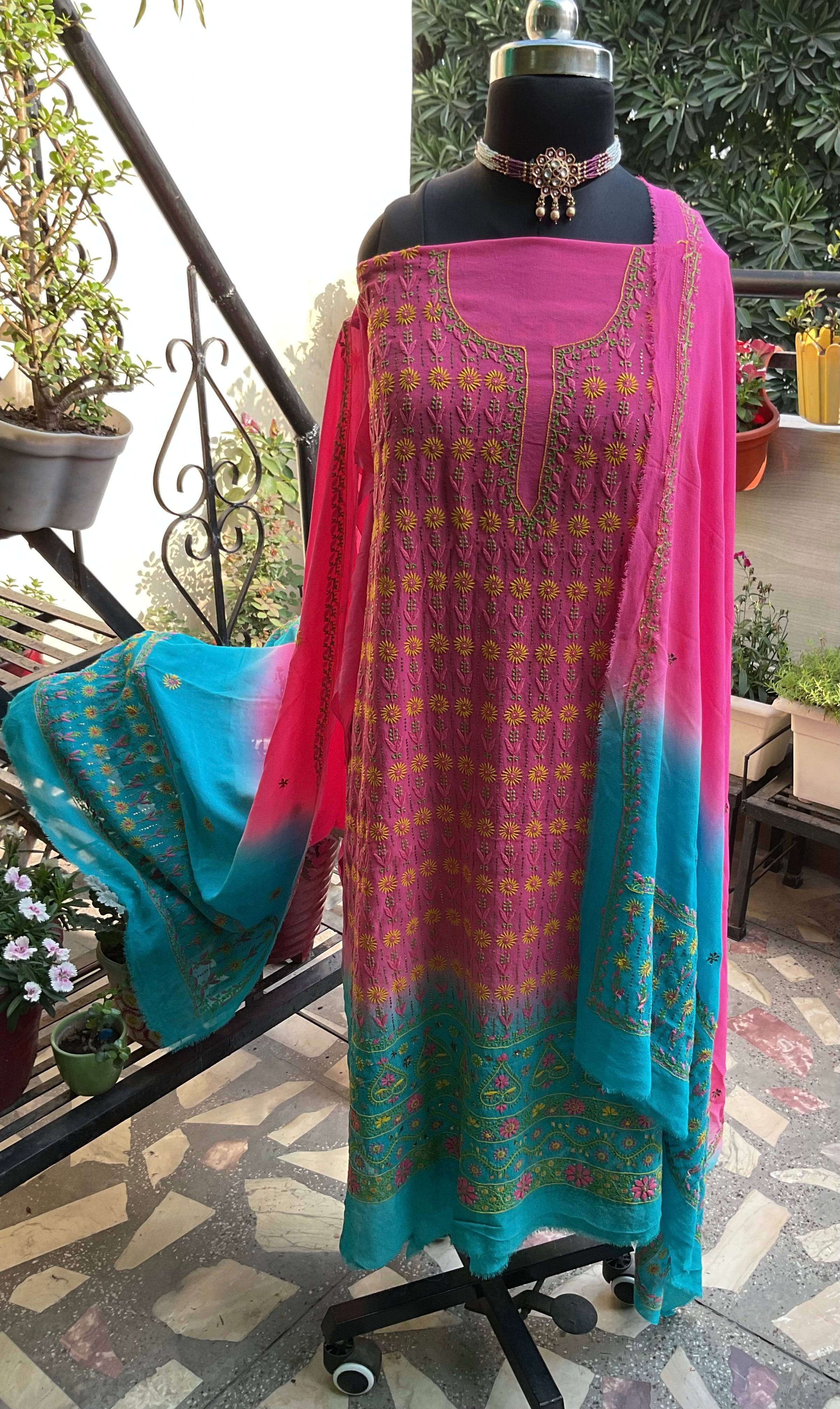 Pure Georgette Unstitched Kurta and dupatta with coloured thread Chikankari