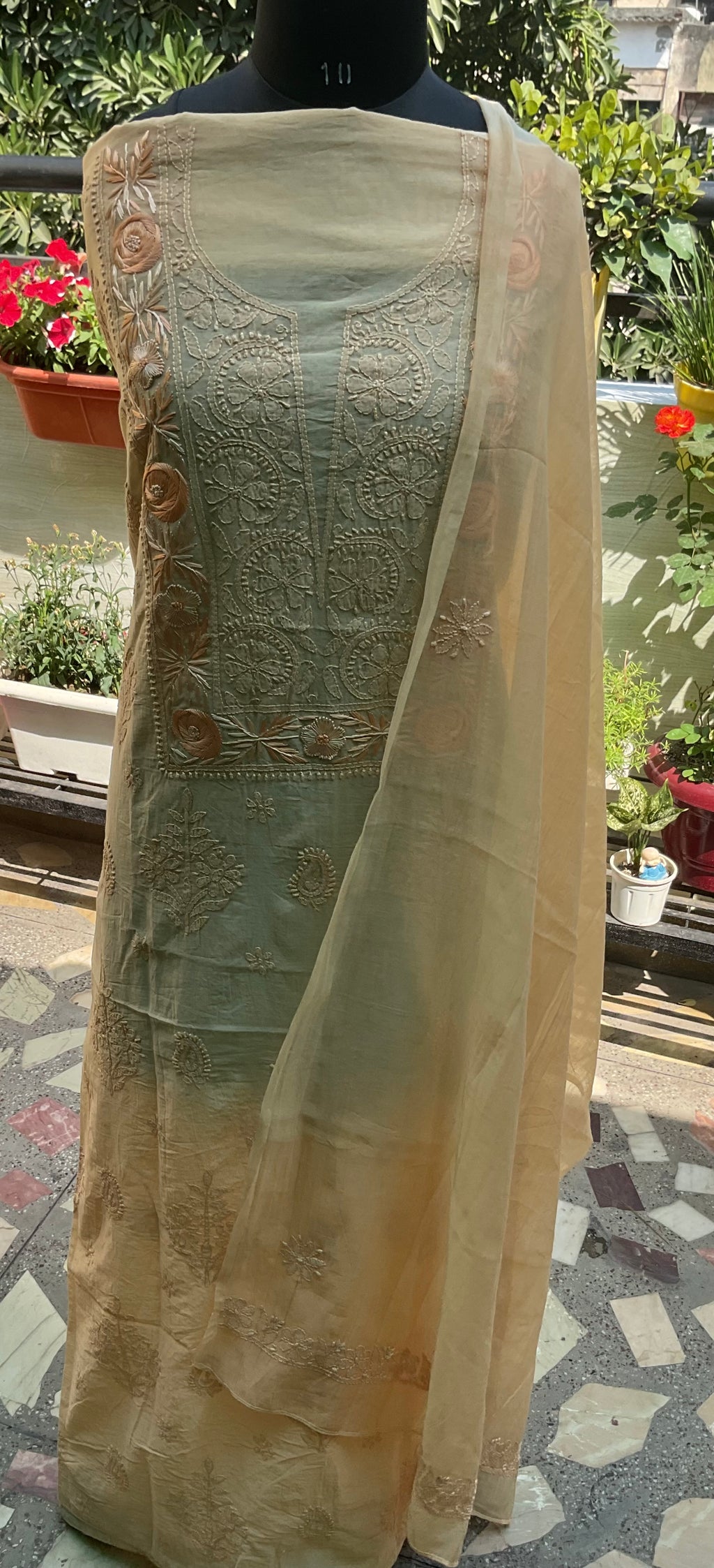 Mul Chanderi unstitched suit set with Parsi Gara and Chikankari