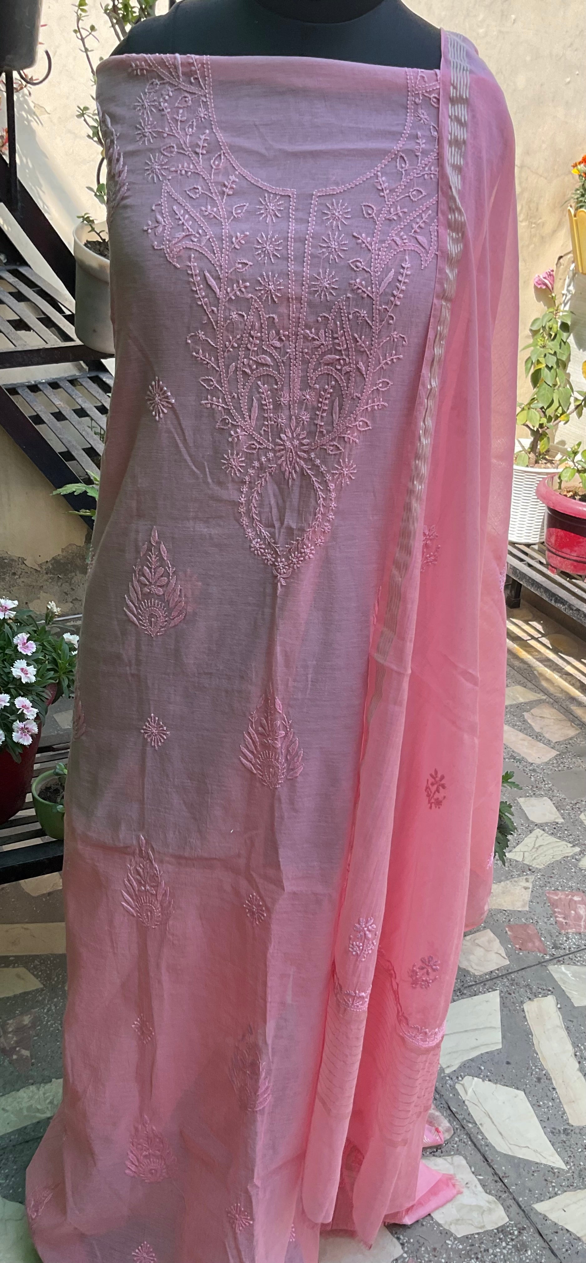 Mul Chanderi unstitched suit set with tone-on-tone Chikankari