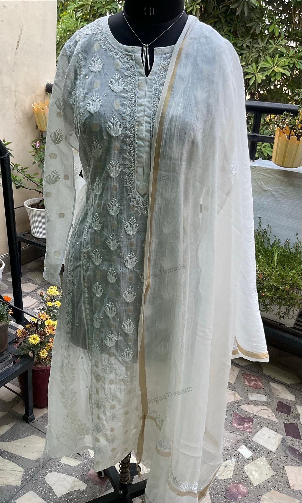 Mul Chanderi Semistitched Kurta and dupatta with fine Chikankari