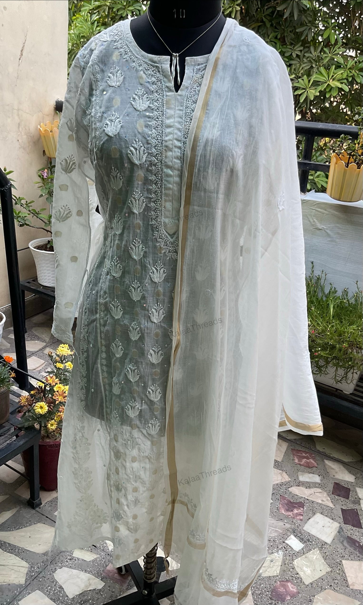 Mul Chanderi Semistitched Kurta and dupatta with fine Chikankari
