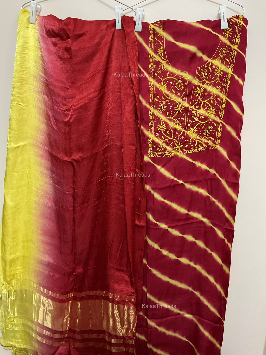 Unstitched Kurta with combination of leheriya and Chikankari and dupatta