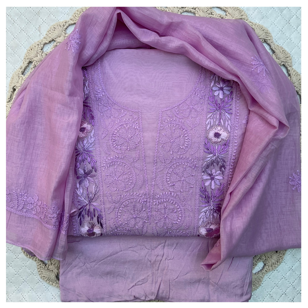 Mul Chanderi unstitched suit set with Parsi Gara and Chikankari