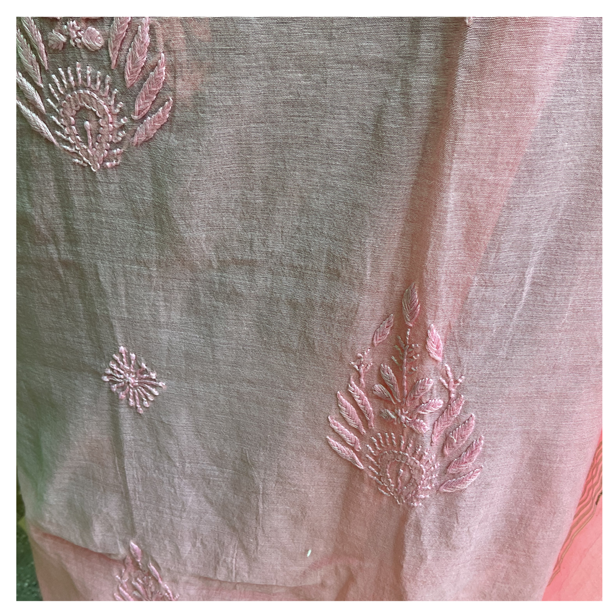 Mul Chanderi unstitched suit set with tone-on-tone Chikankari
