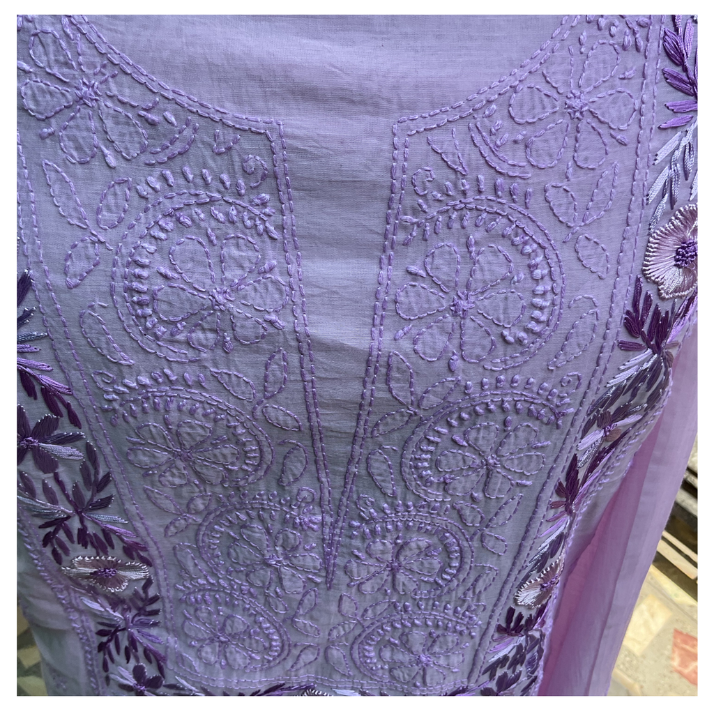 Mul Chanderi unstitched suit set with Parsi Gara and Chikankari