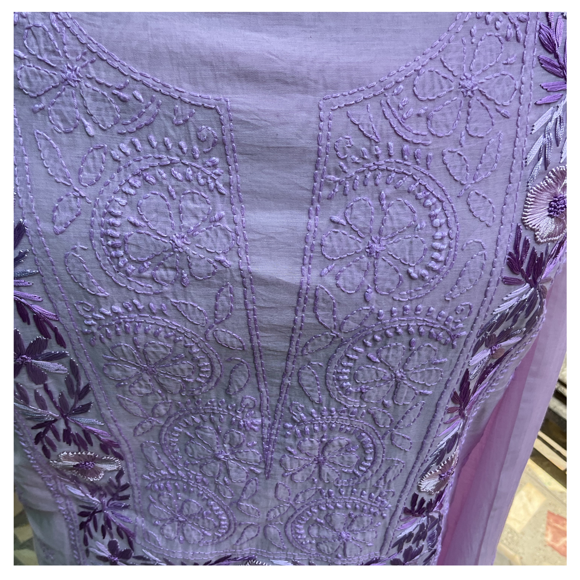 Mul Chanderi unstitched suit set with Parsi Gara and Chikankari