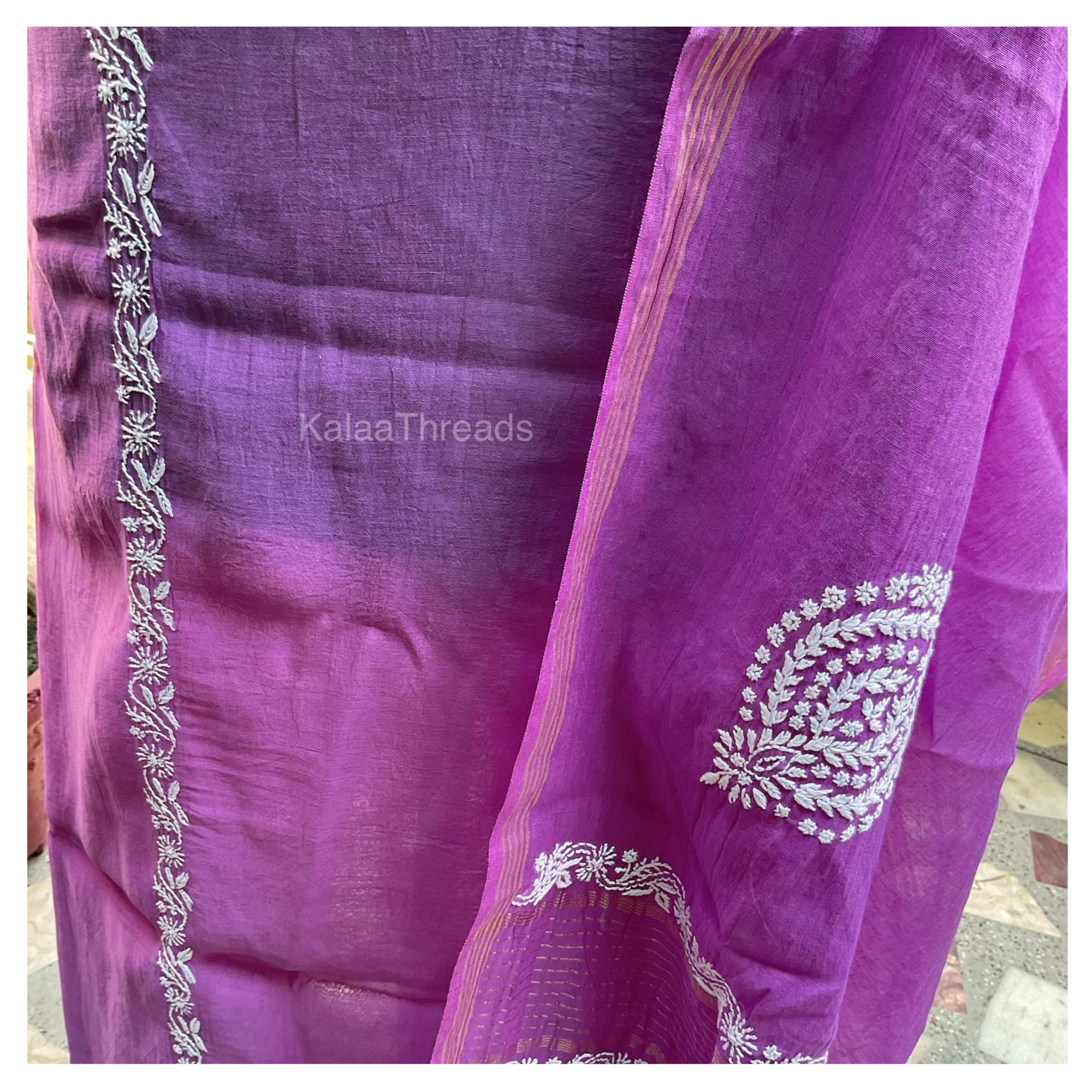 Mul Chanderi unstitched suit set with Chikankari
