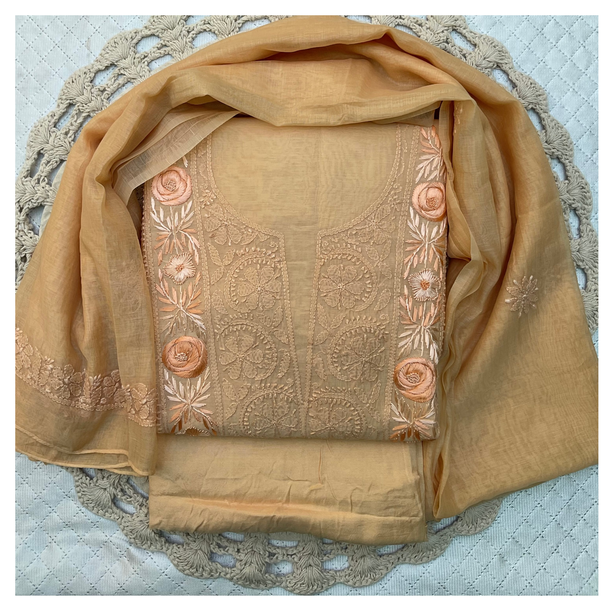Mul Chanderi unstitched suit set with Parsi Gara and Chikankari