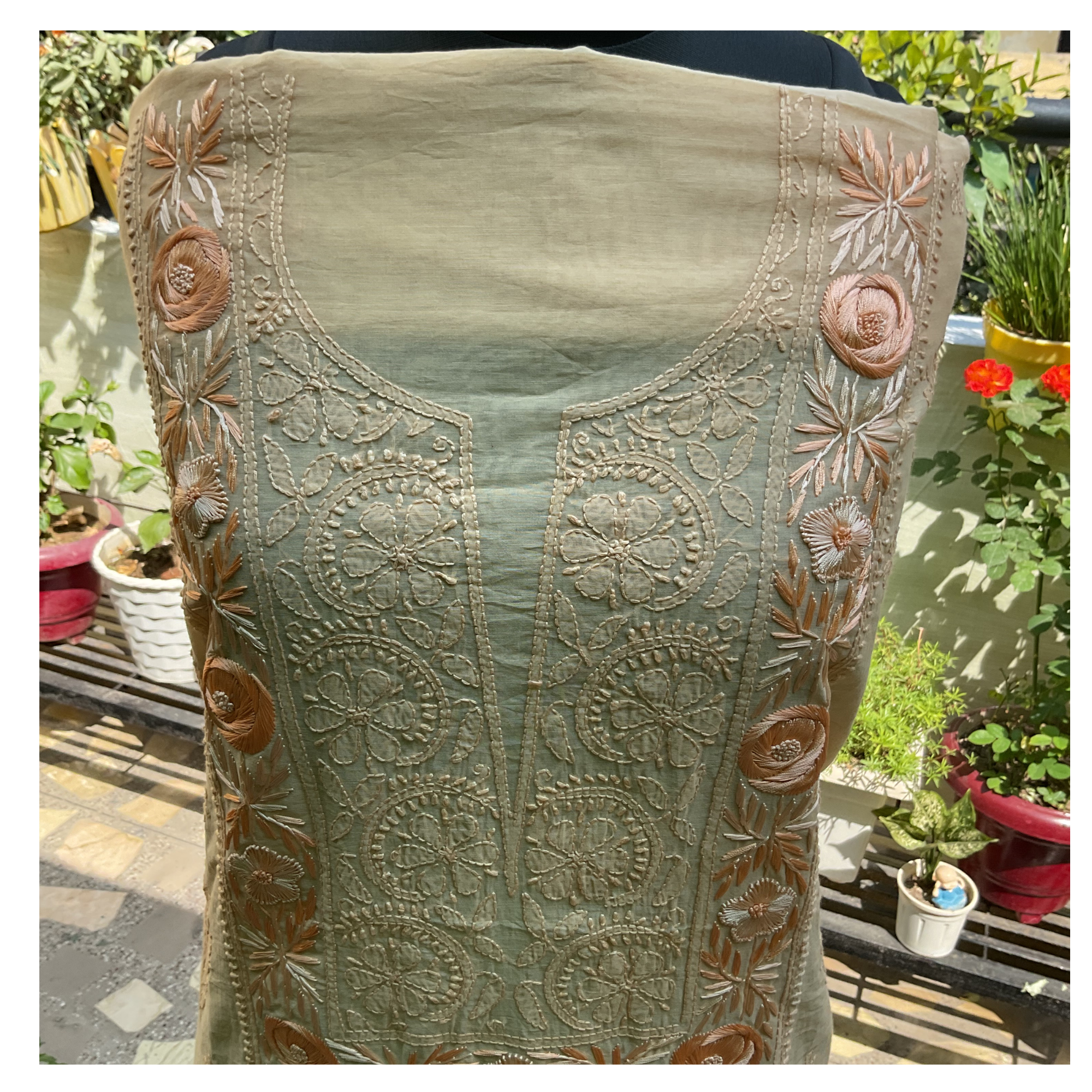 Mul Chanderi unstitched suit set with Parsi Gara and Chikankari