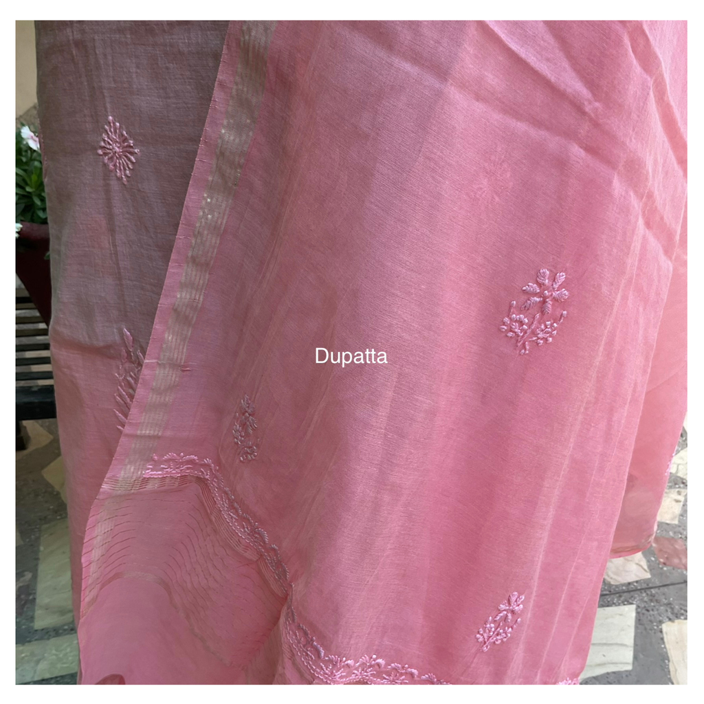 Mul Chanderi unstitched suit set with tone-on-tone Chikankari