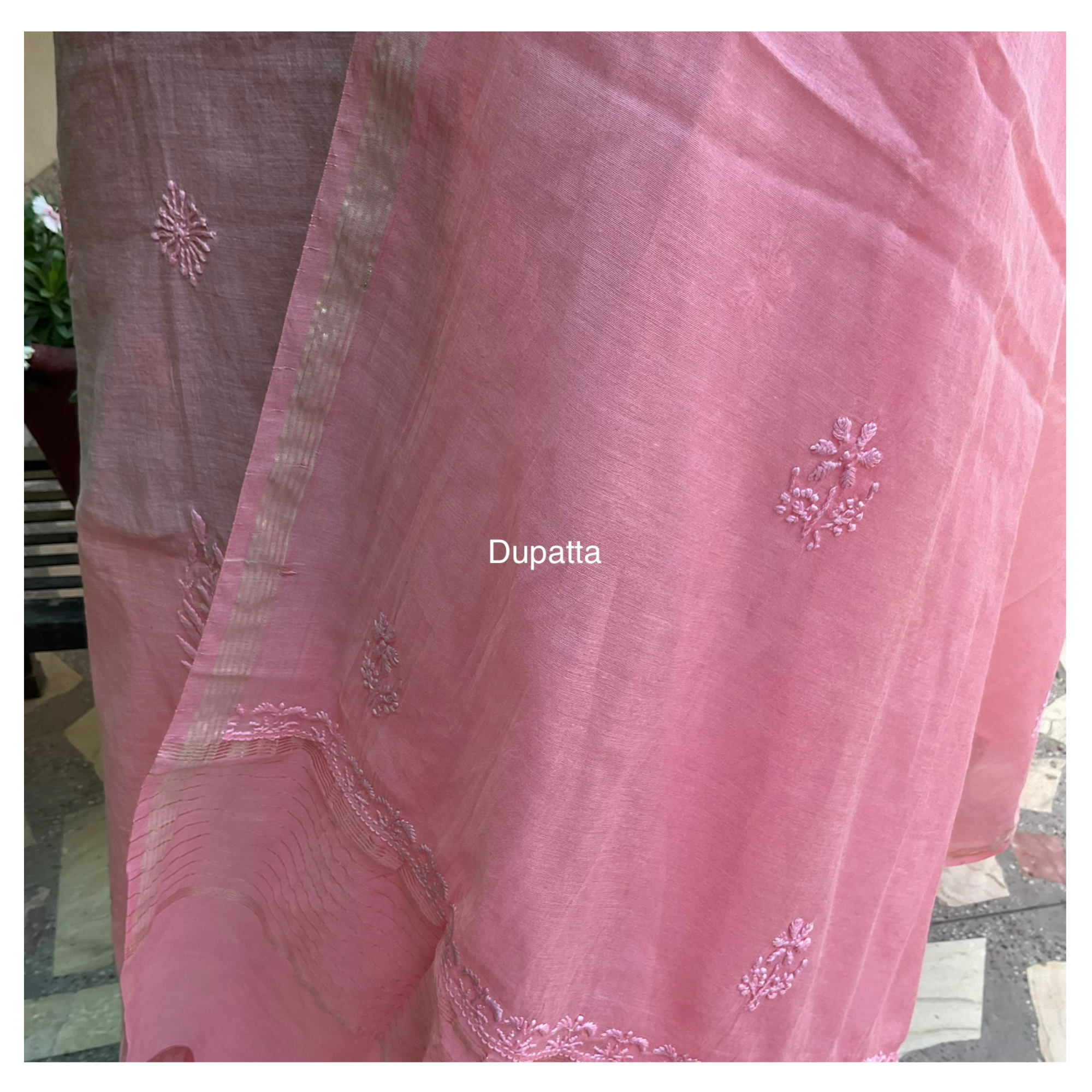 Mul Chanderi unstitched suit set with tone-on-tone Chikankari