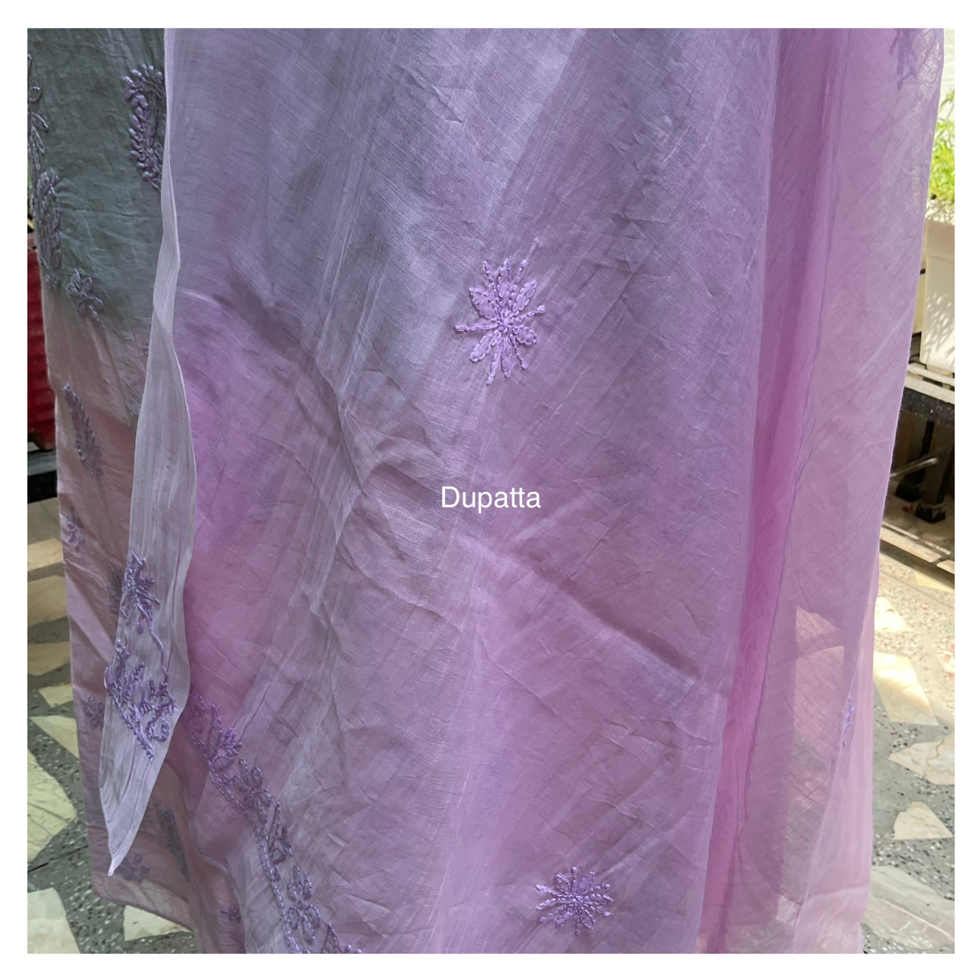 Mul Chanderi unstitched suit set with Parsi Gara and Chikankari