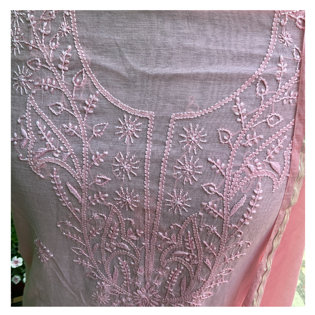 Mul Chanderi unstitched suit set with tone-on-tone Chikankari