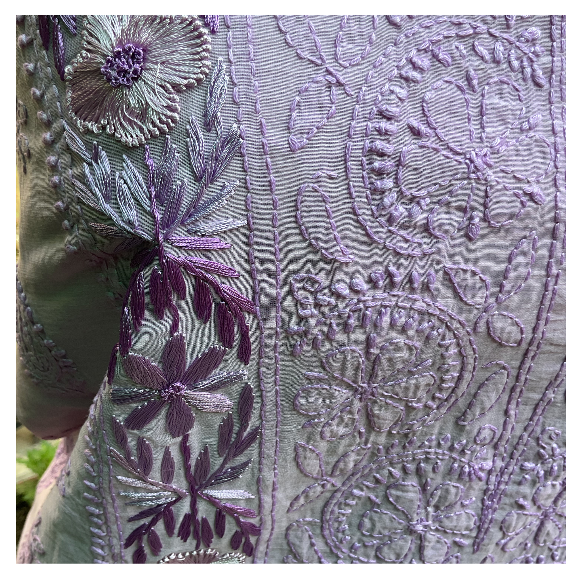 Mul Chanderi unstitched suit set with Parsi Gara and Chikankari