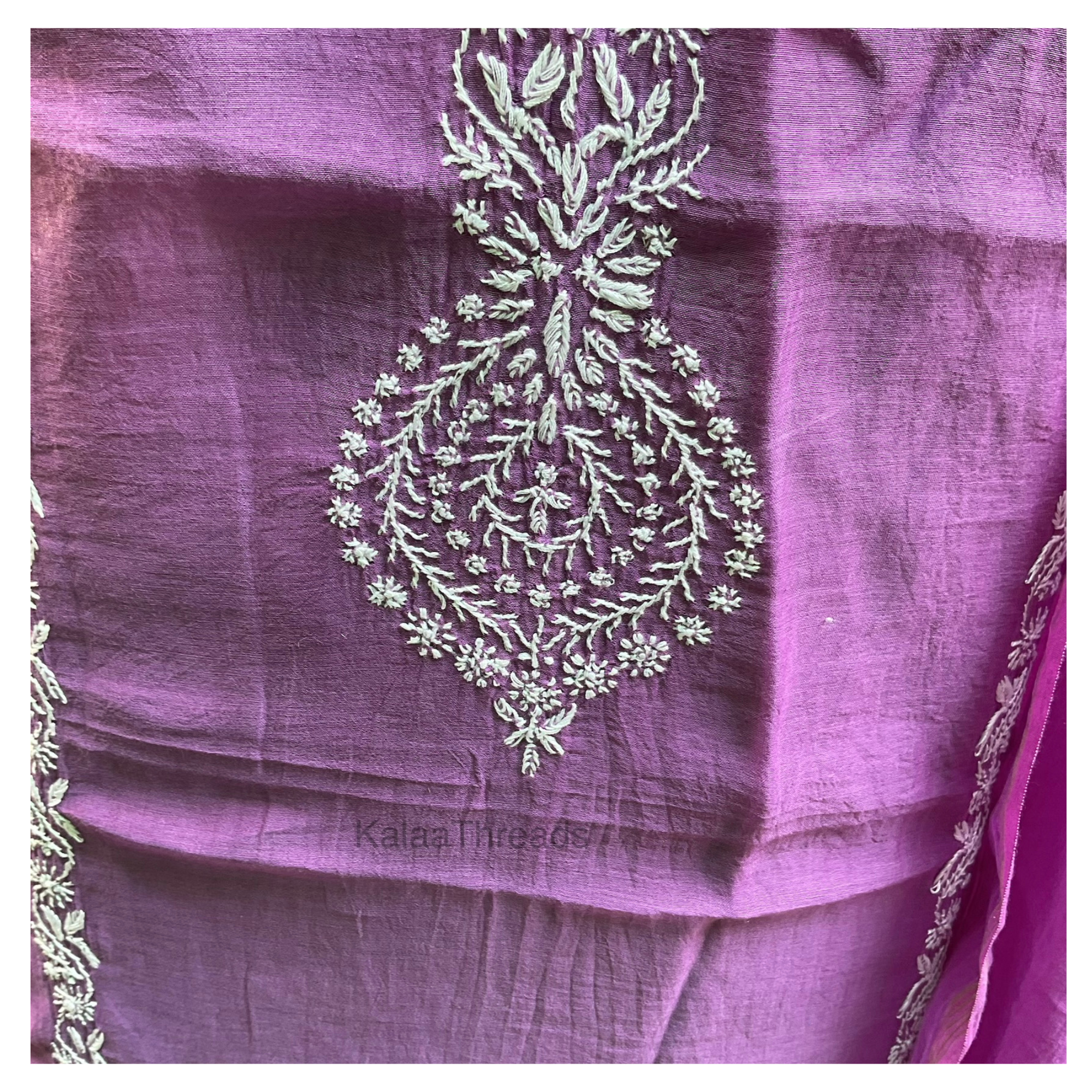 Mul Chanderi unstitched suit set with Chikankari