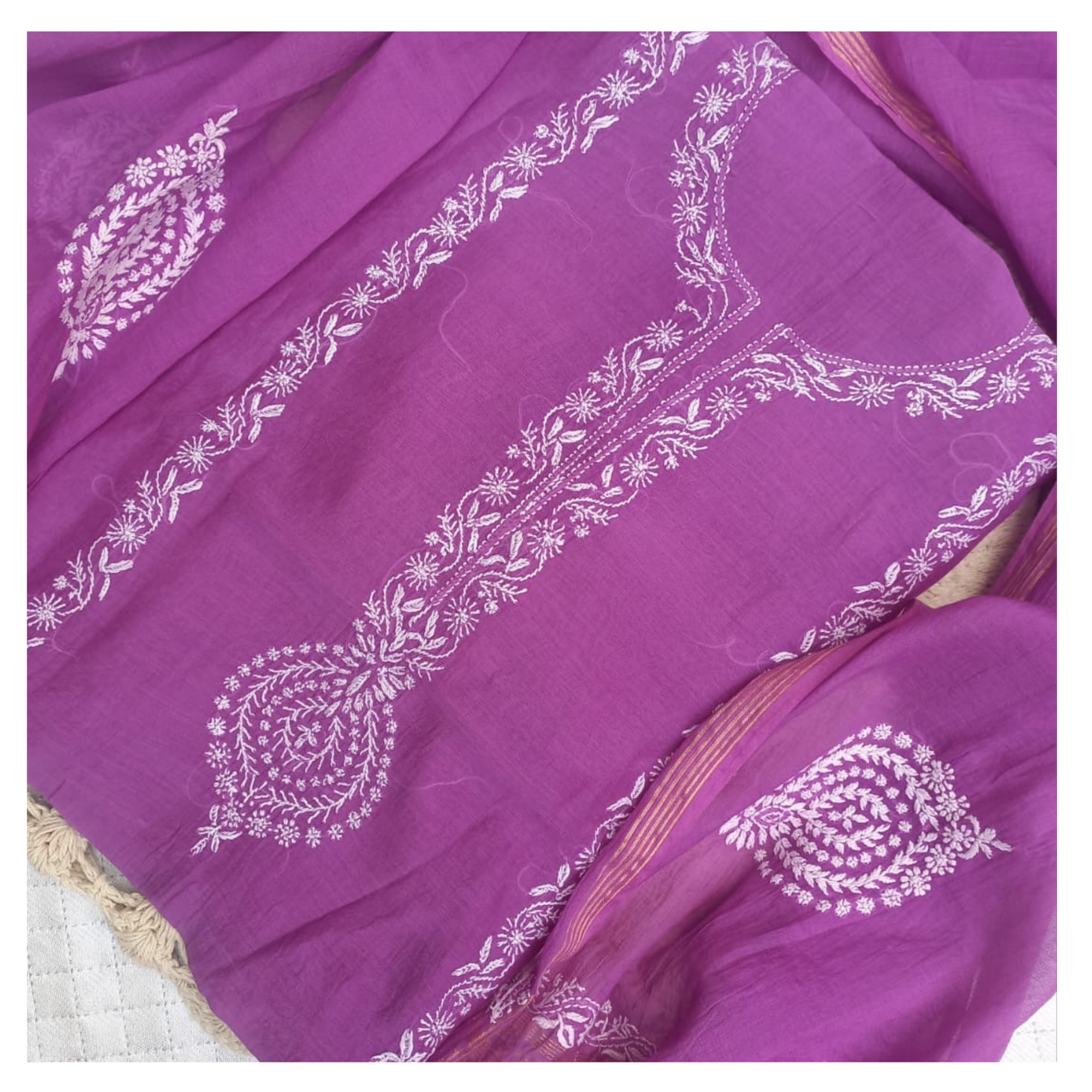 Mul Chanderi unstitched suit set with Chikankari