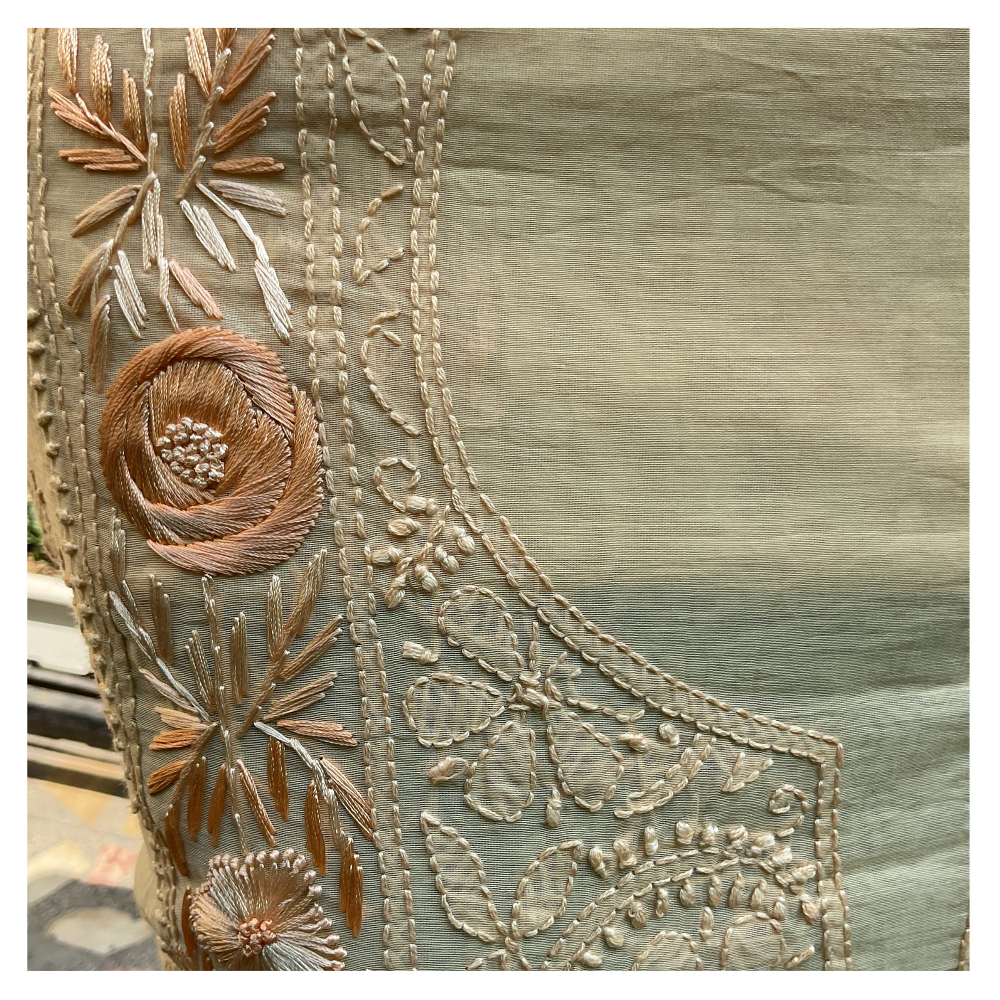 Mul Chanderi unstitched suit set with Parsi Gara and Chikankari