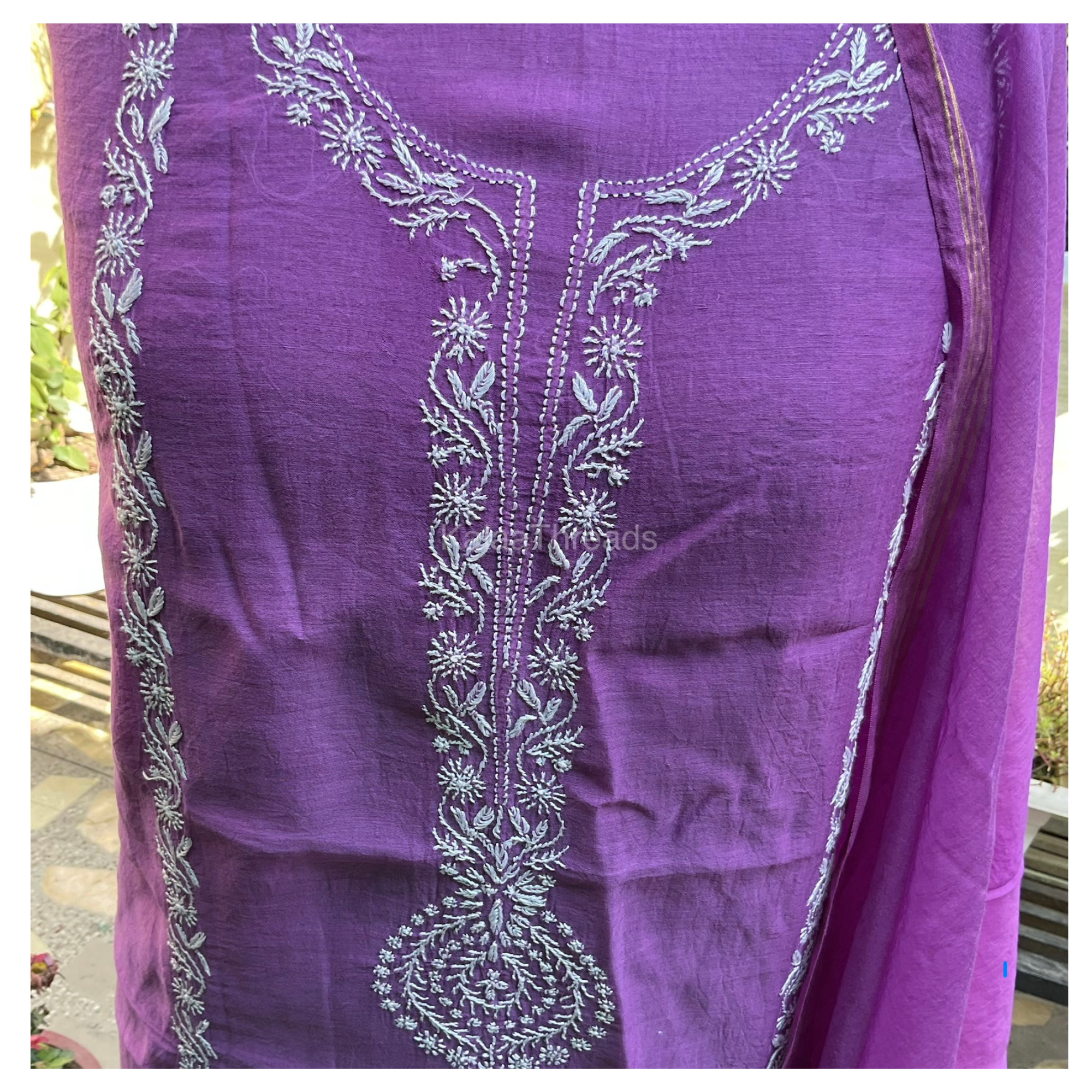 Mul Chanderi unstitched suit set with Chikankari