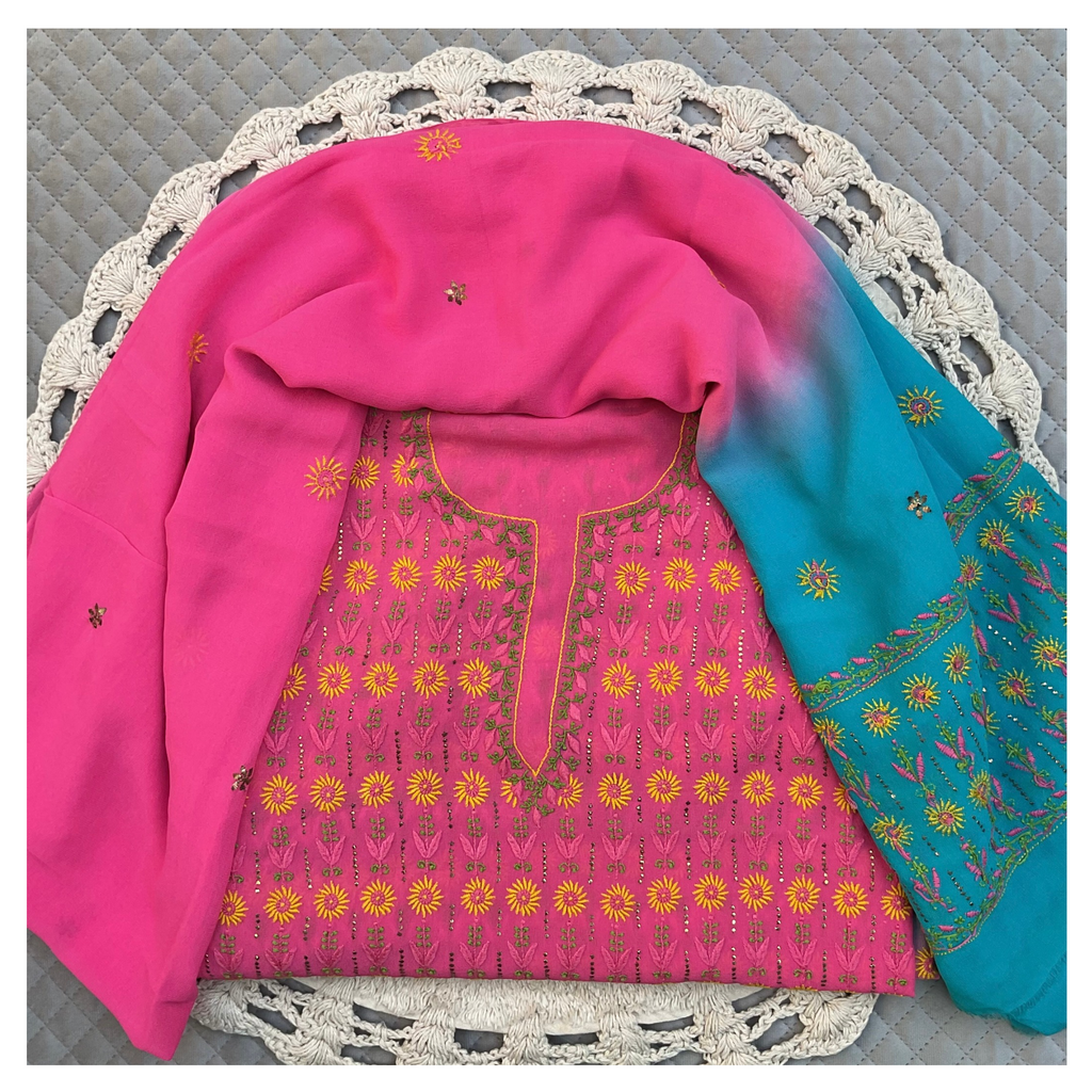 Pure Georgette Unstitched Kurta and dupatta with coloured thread Chikankari