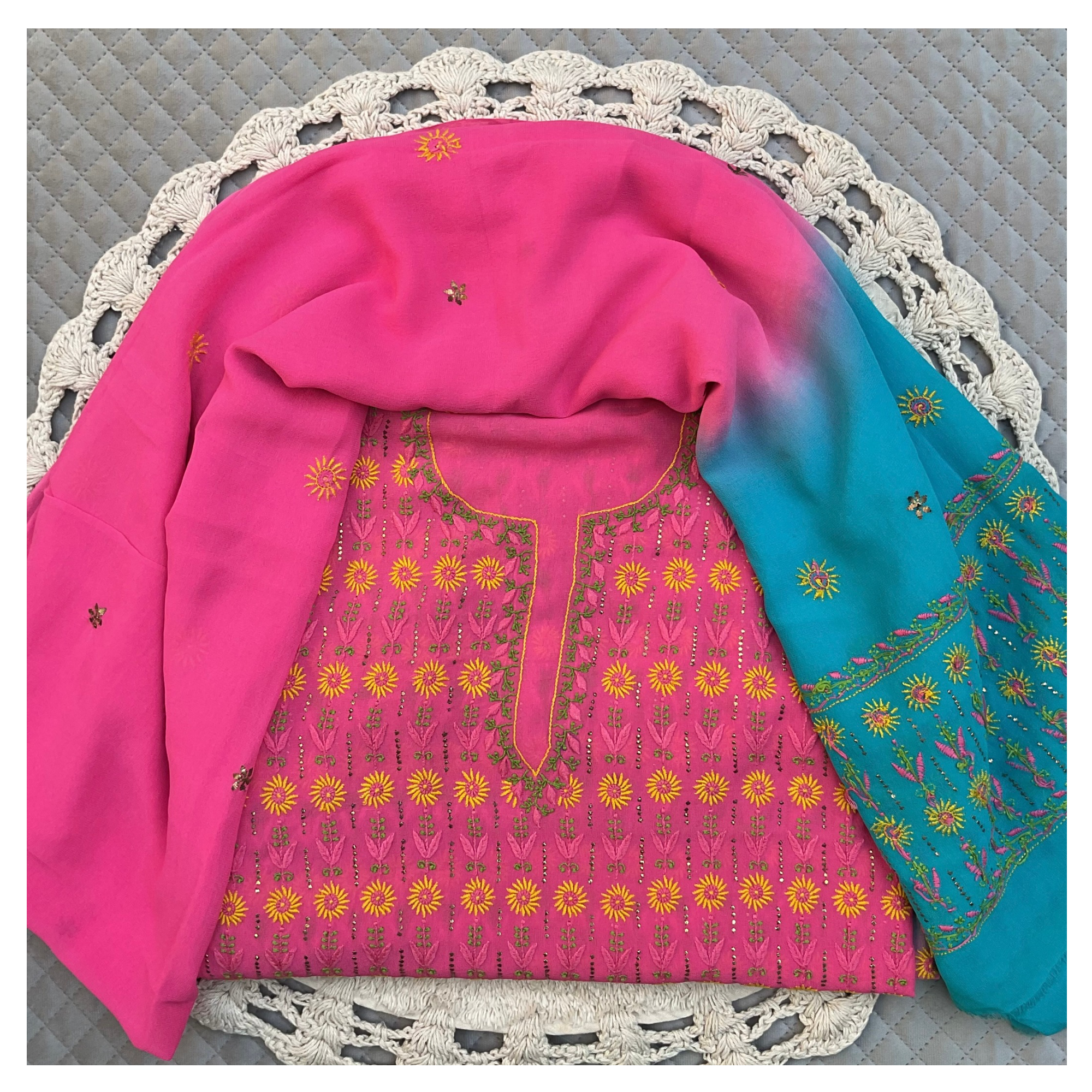 Pure Georgette Unstitched Kurta and dupatta with coloured thread Chikankari