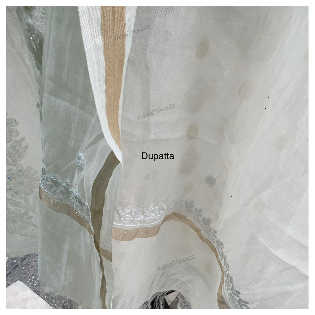 Mul Chanderi Semistitched Kurta and dupatta with fine Chikankari