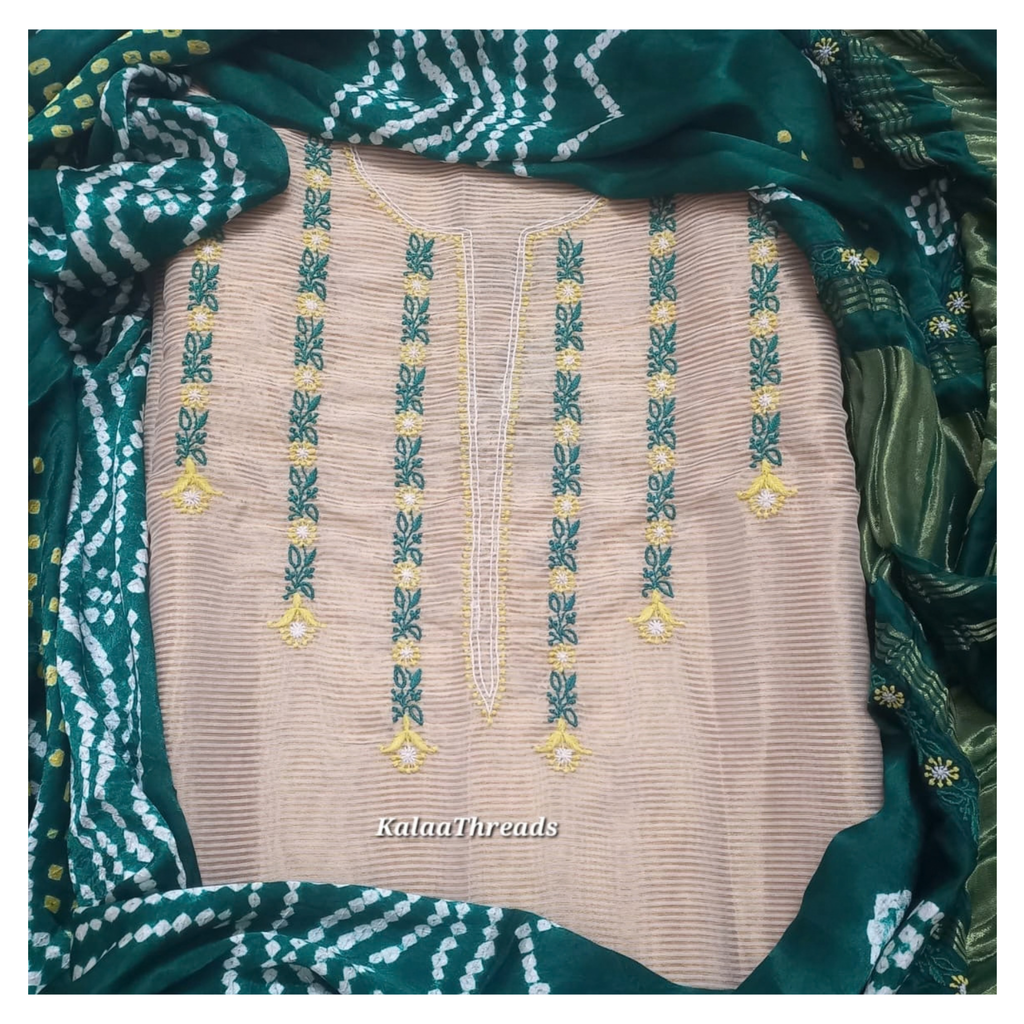 Zari Stripes unstitched Kurta with bandhani dupatta having Chikankari
