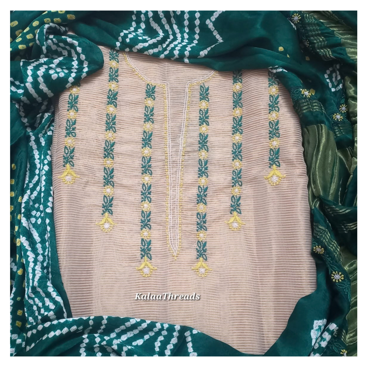Zari Stripes unstitched Kurta with bandhani dupatta having Chikankari
