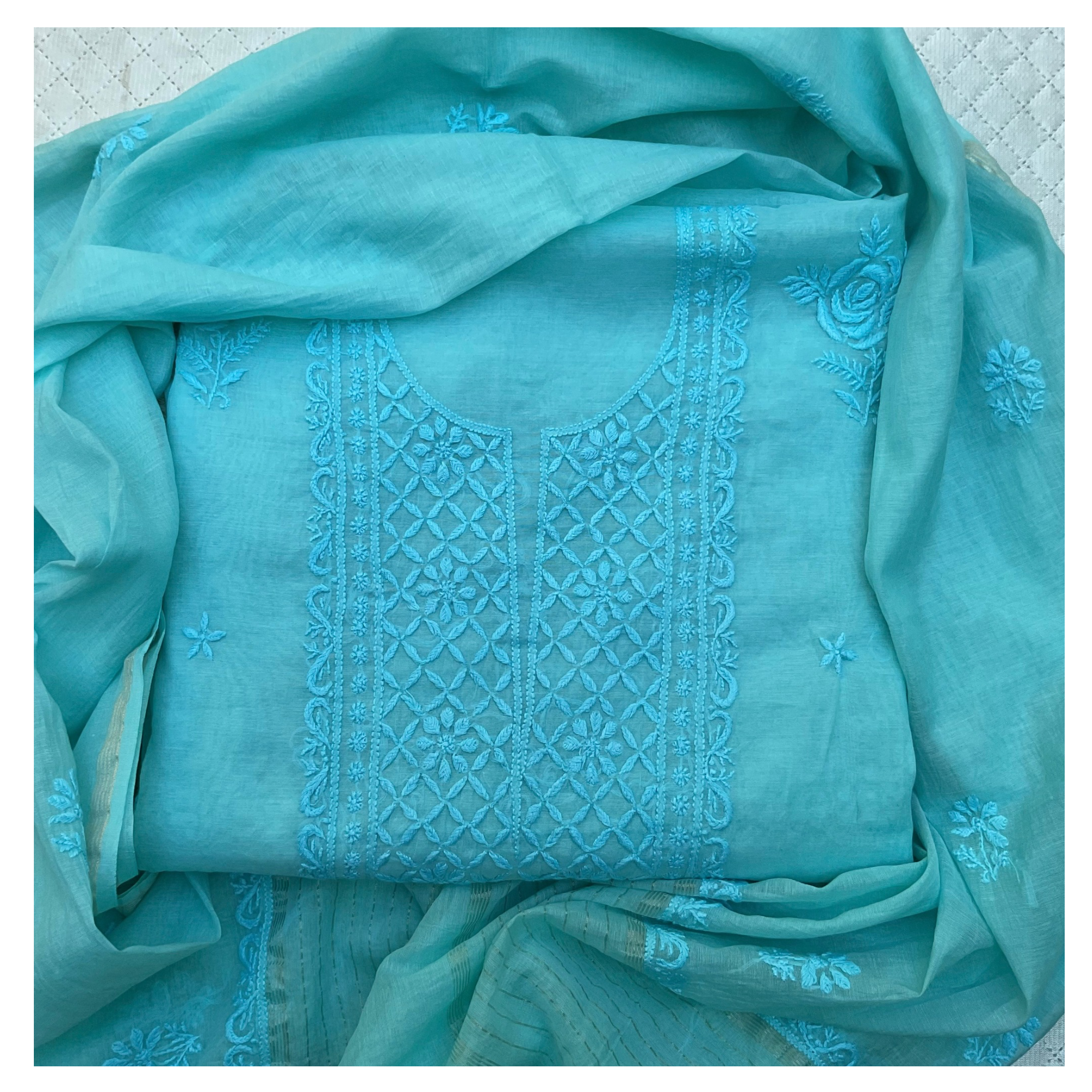 Mul Chanderi unstitched suit set with tone-on-tone Chikankari