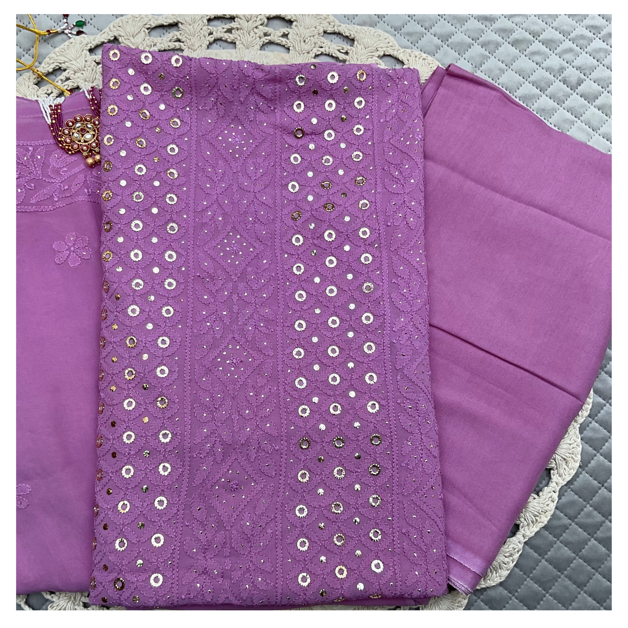 Viscose georgette unstitched suit set with tone-on-tone Chikankari