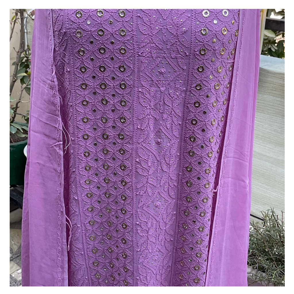 Viscose georgette unstitched suit set with tone-on-tone Chikankari