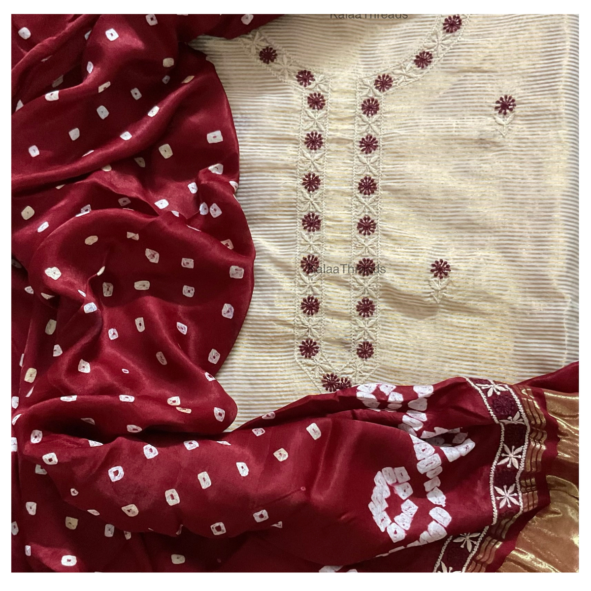 Zari Stripes unstitched Kurta with bandhani dupatta having Chikankari