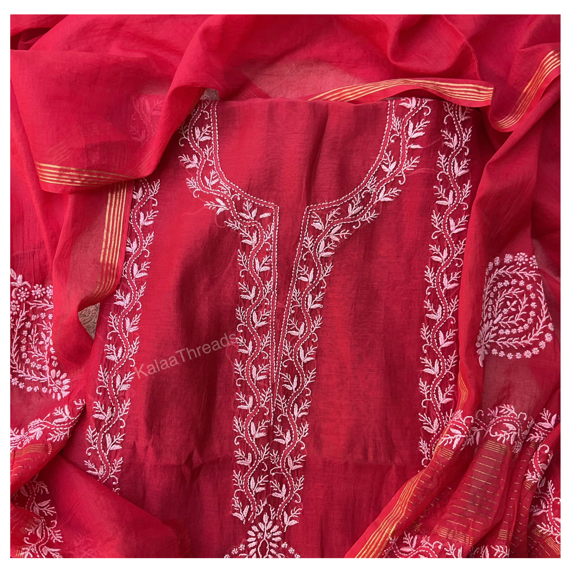 Mul Chanderi unstitched suit set with Chikankari in white color