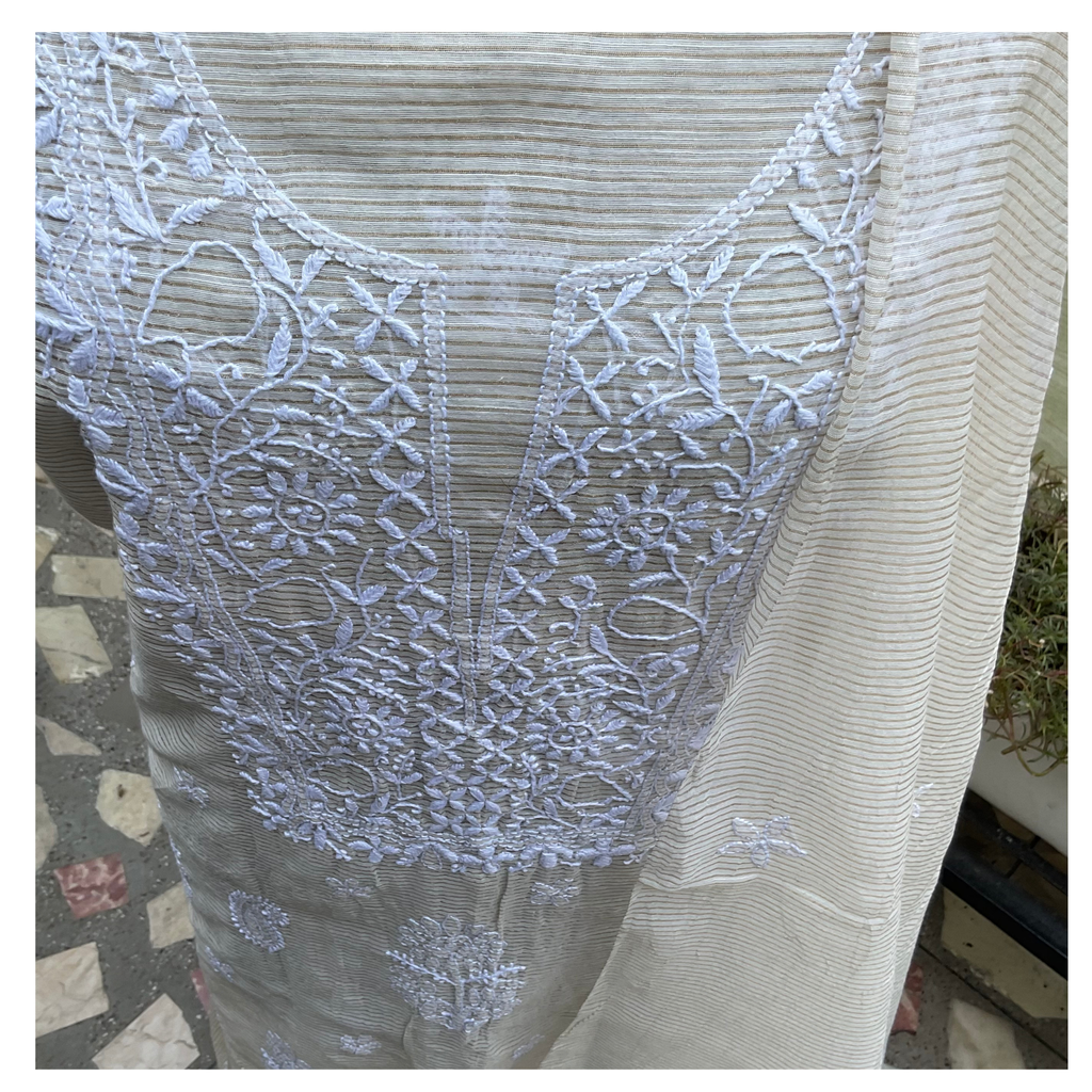 Maheshwari unstitched suit set with Chikankari