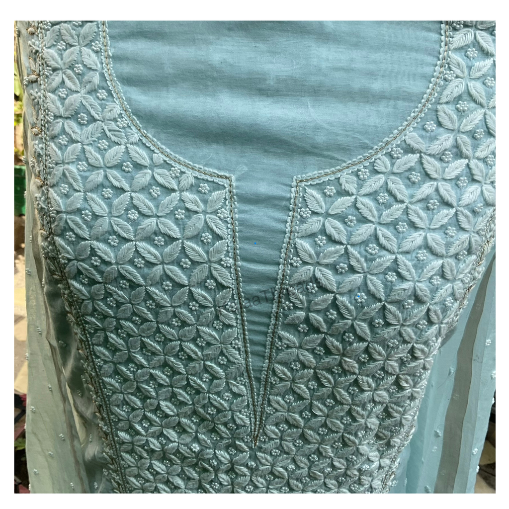 Mul Chanderi unstitched Suit Set with Chikankari and add-ons
