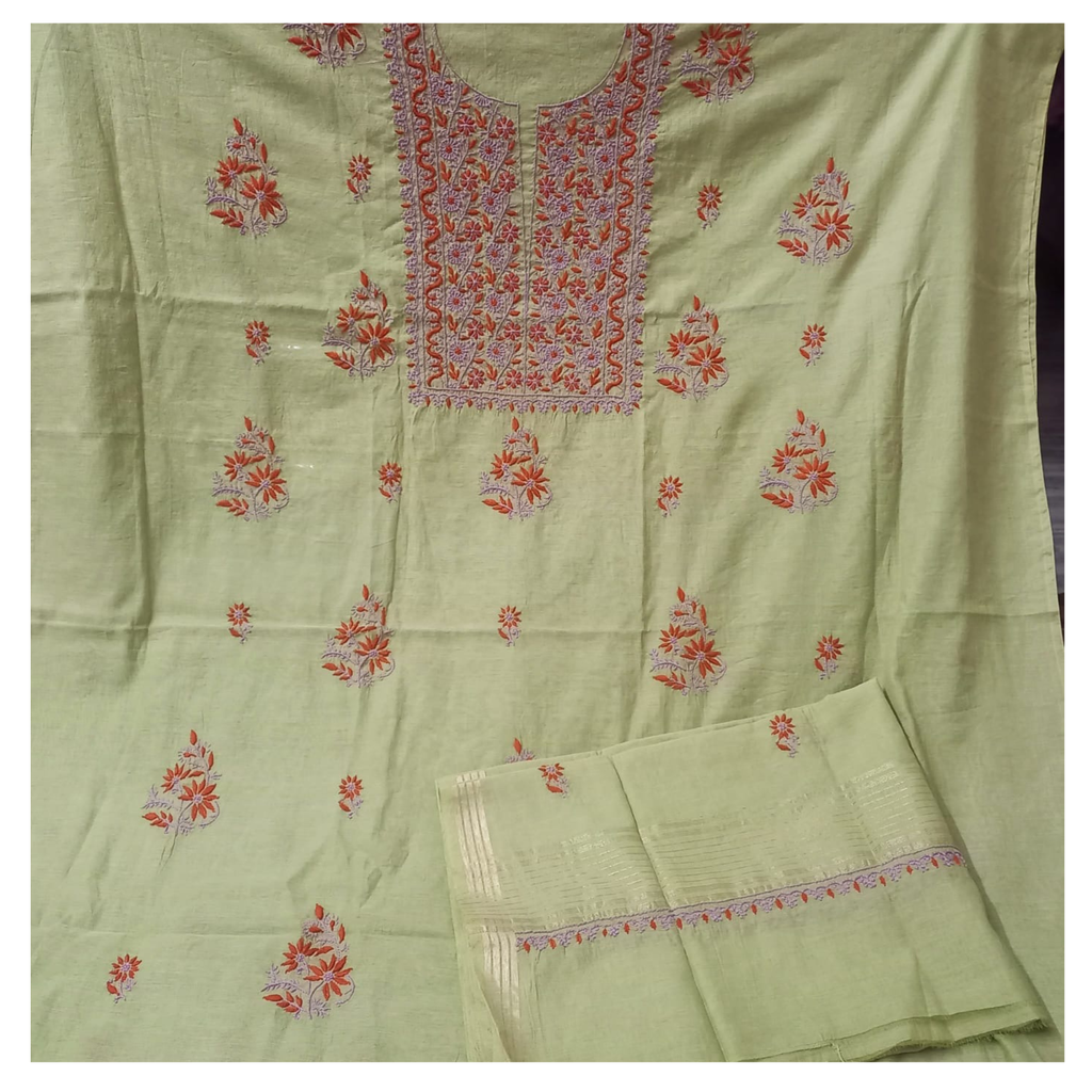 Chanderi unstitched kurta and dupatta with coloured thread Chikankari