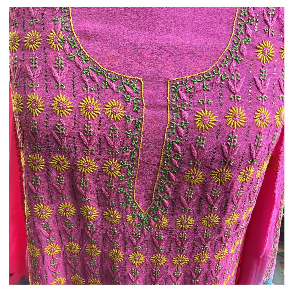 Pure Georgette Unstitched Kurta and dupatta with coloured thread Chikankari