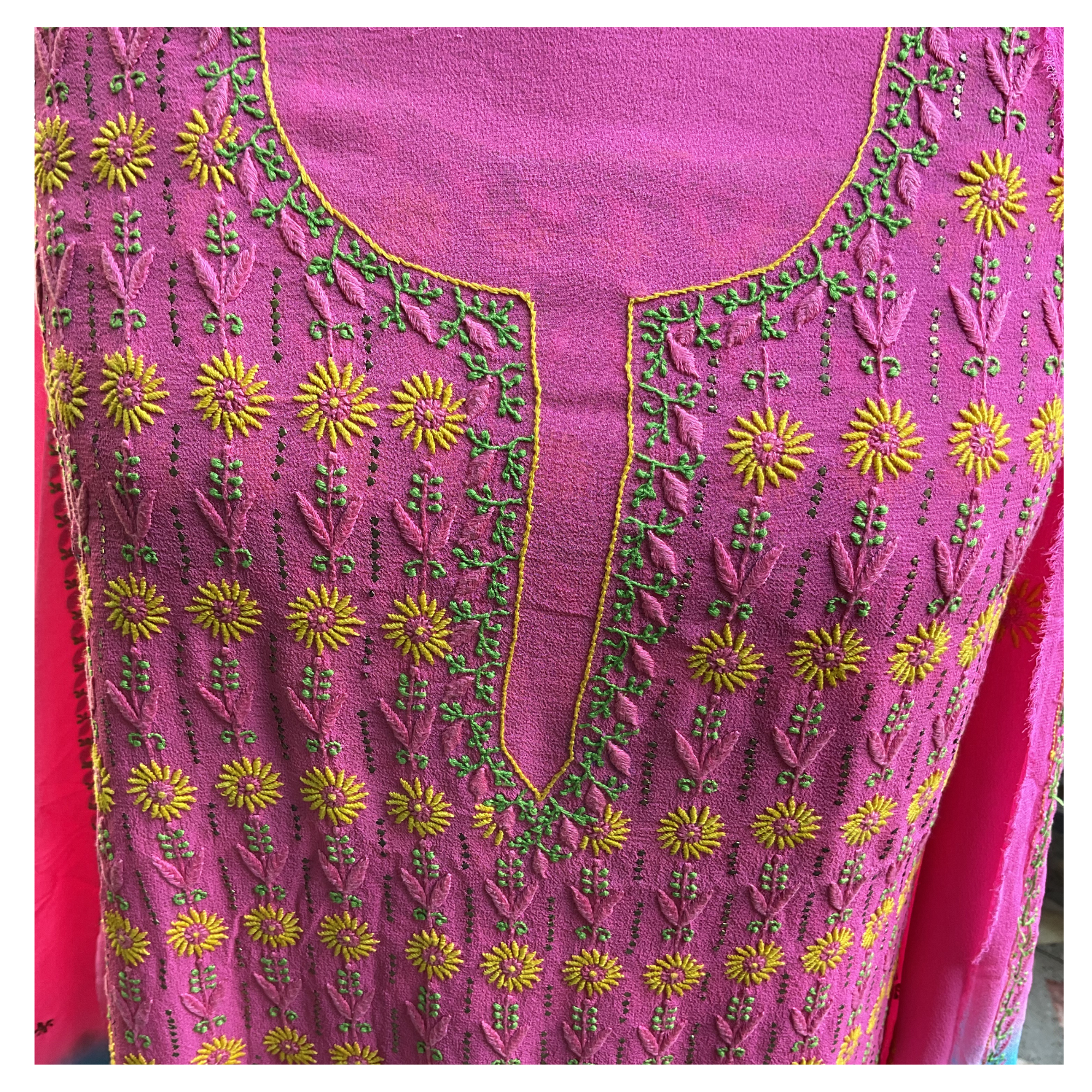 Pure Georgette Unstitched Kurta and dupatta with coloured thread Chikankari