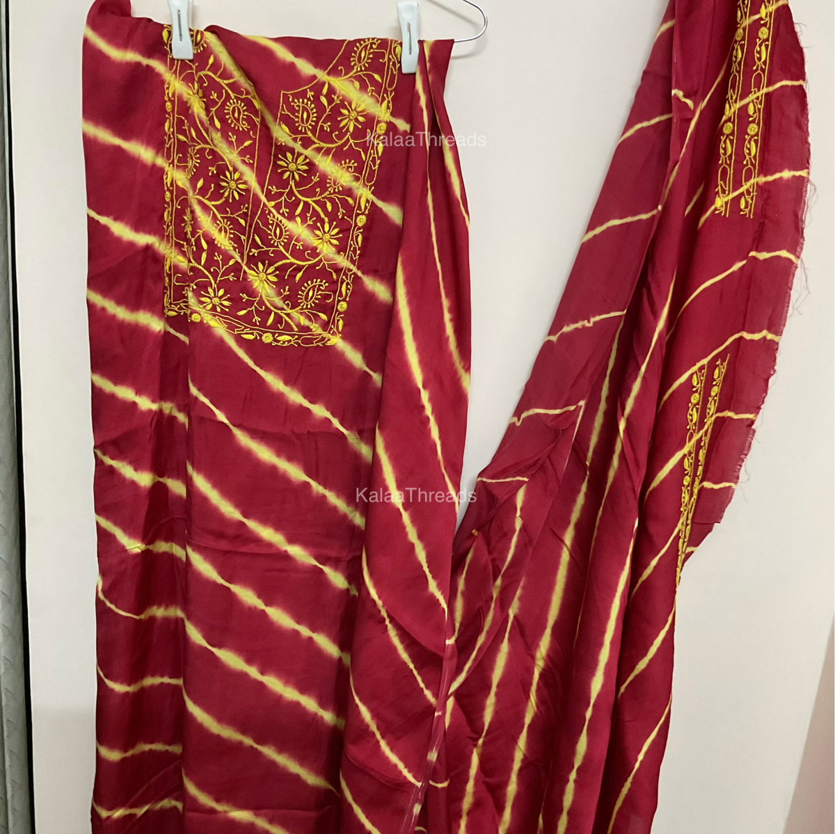 Unstitched Kurta with combination of leheriya and Chikankari and dupatta