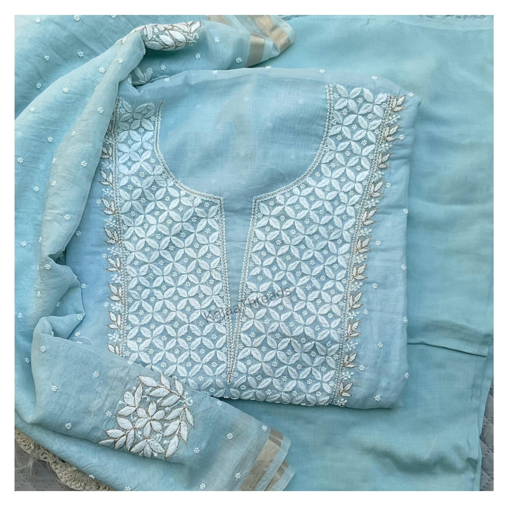 Mul Chanderi unstitched Suit Set with Chikankari and add-ons