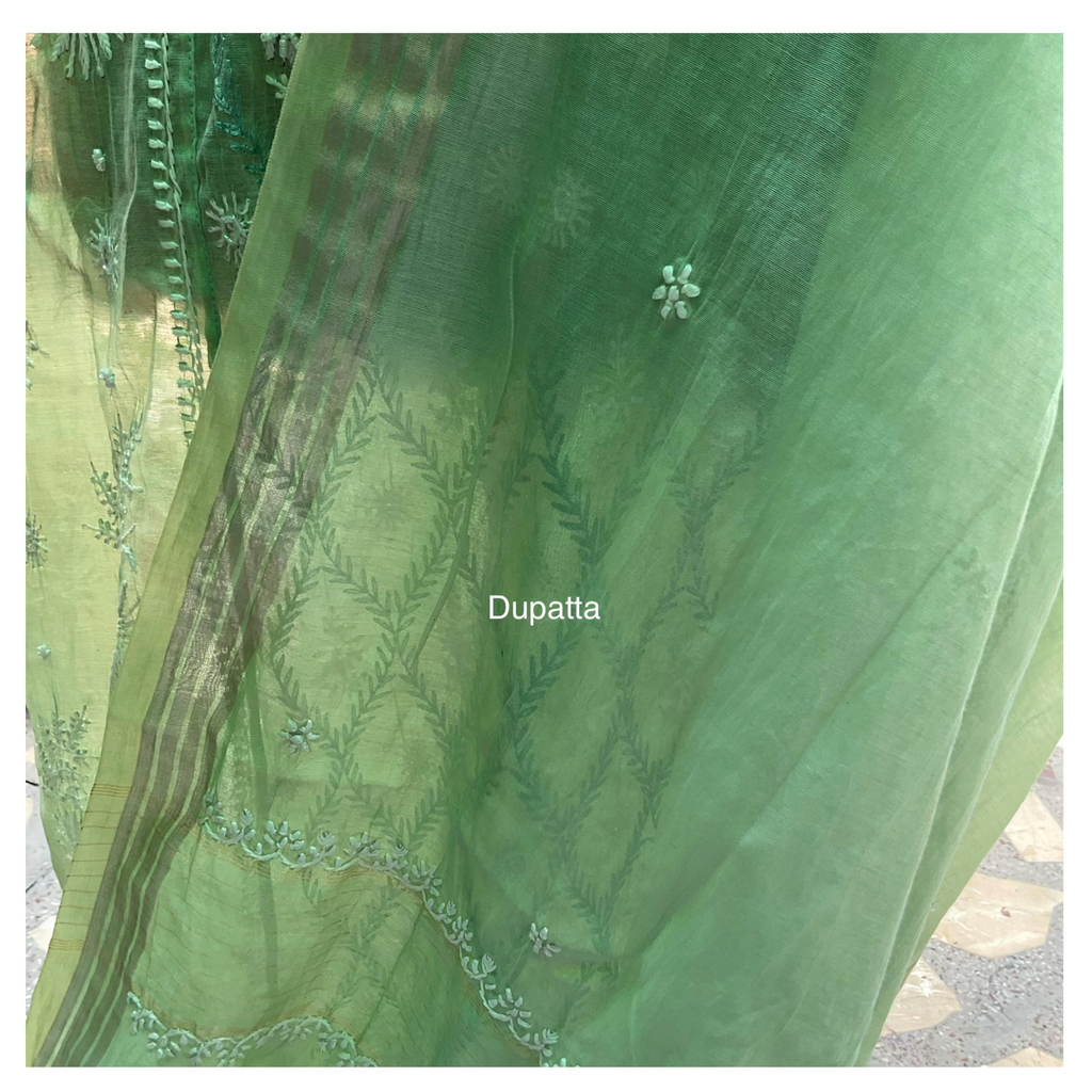 Mul Chanderi Semistitched Kurta and dupatta with fine Chikankari